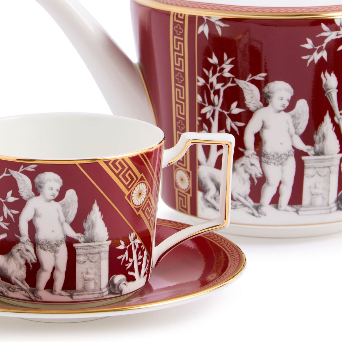 Renaissance Red Teapot and Teacup Saucer Set of 2