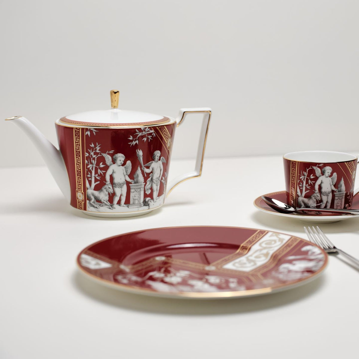 Renaissance Red Teapot and Teacup Saucer Set of 2