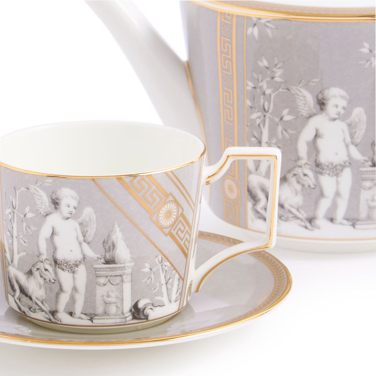 Renaissance Grey Teapot and Teacup Saucer Set of 2