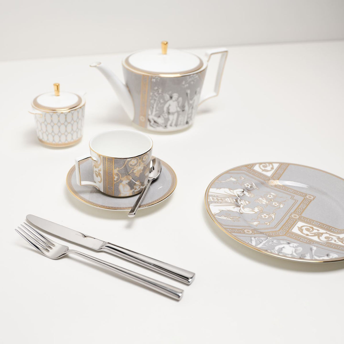Renaissance Grey Teapot and Teacup Saucer Set of 2