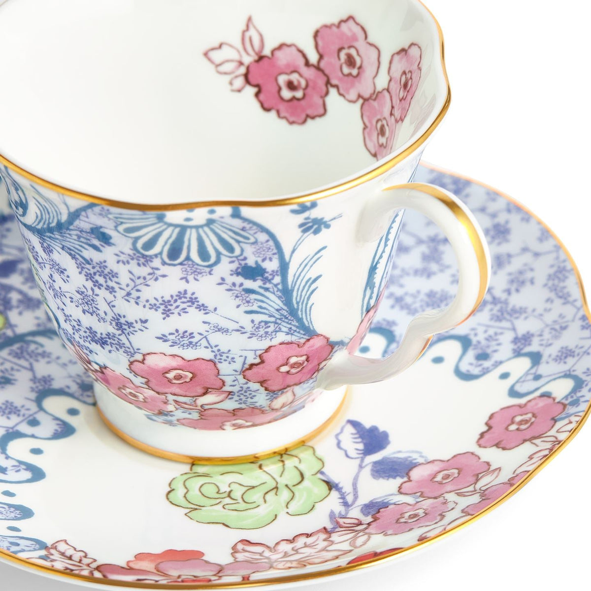 Butterfly Bloom Blue and Pink Teacup and Saucer