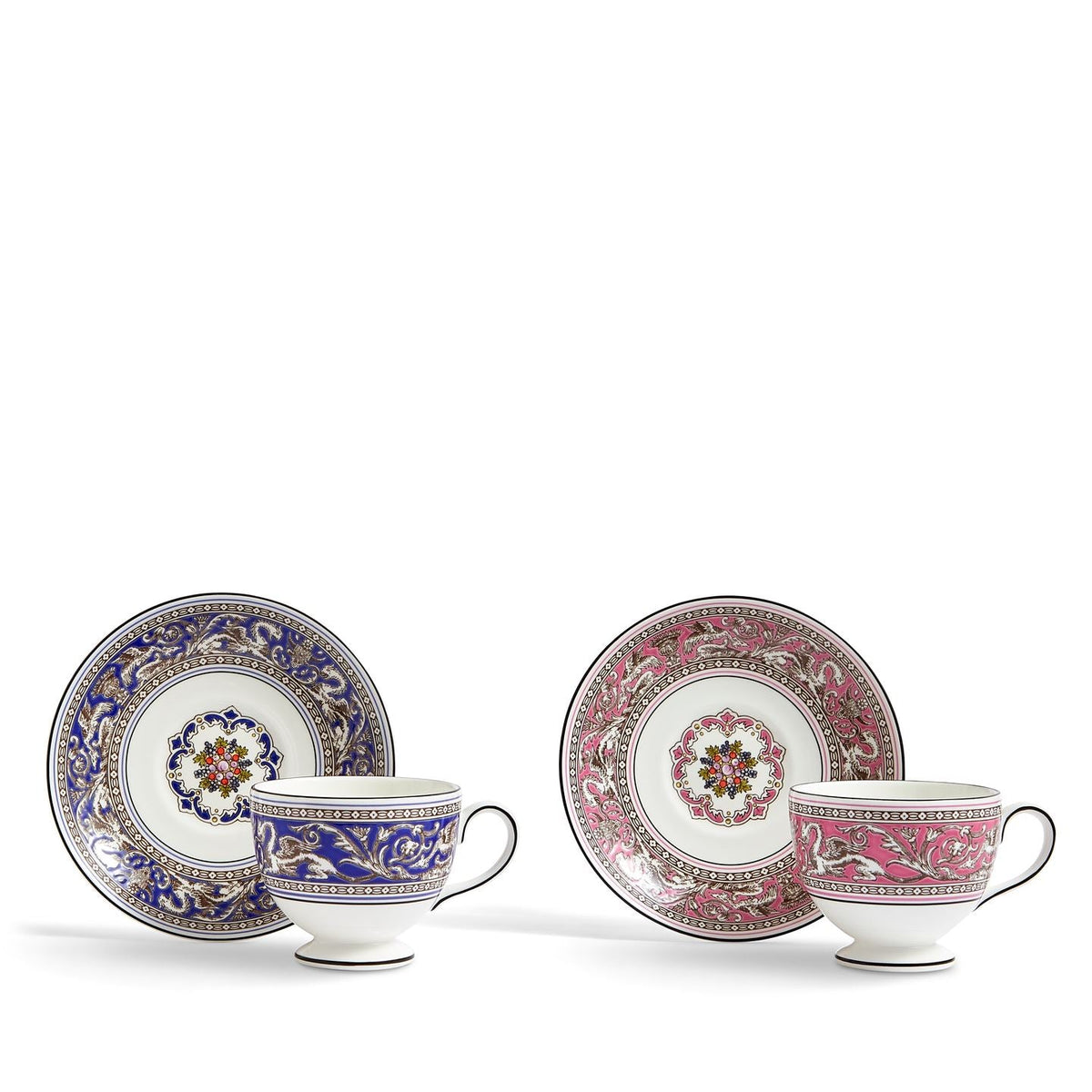 Florentine Teacup & Saucer Blue/Pink, Set of 2
