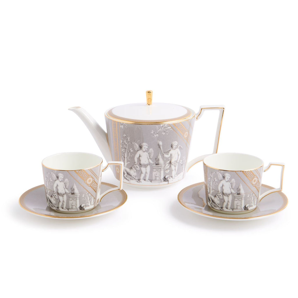 Renaissance Grey Teapot and Teacup Saucer Set of 2